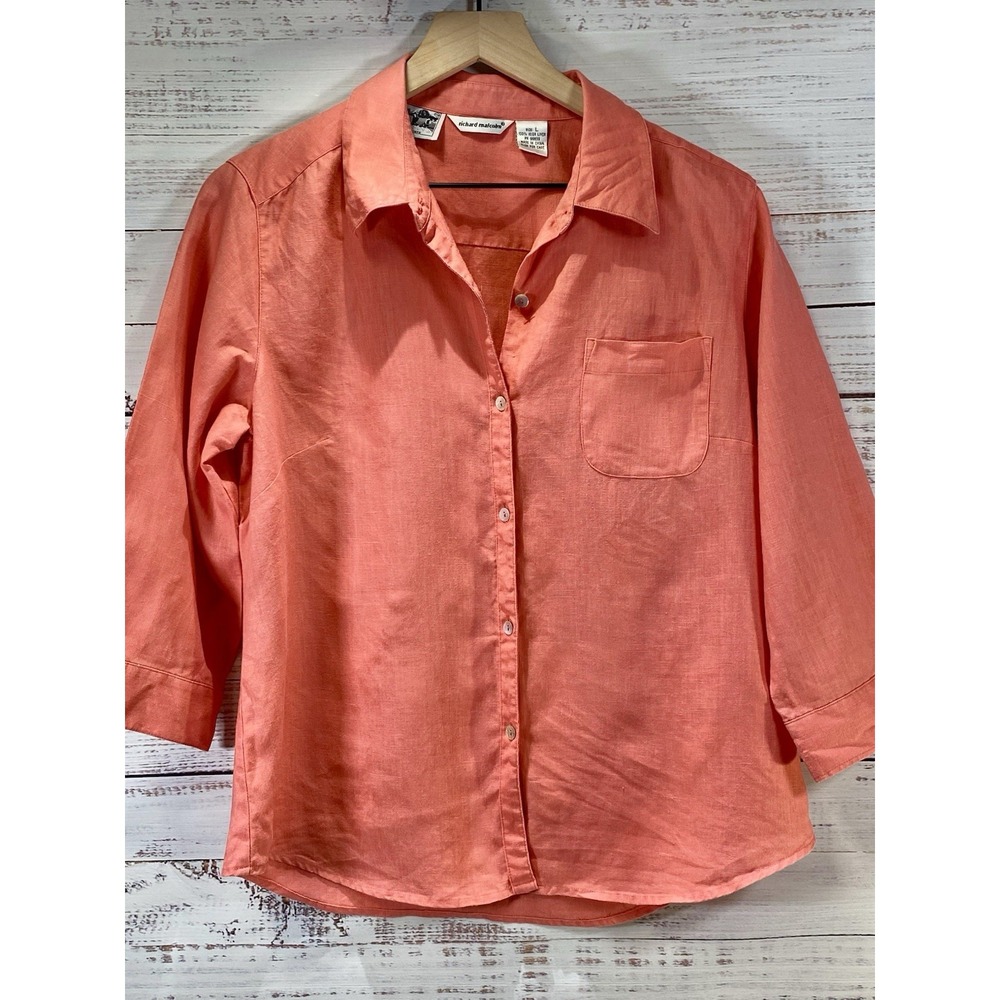 Richard Malcolm Women Orange 100% Irish Linen Blouse Button 1/4 Sleeve | LARGE - Picture 2 of 4